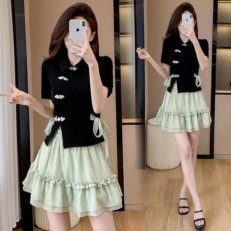 Chinese-style Qipao Modified Suit for Women Sweet and Slimming Summer Outfit with Knotted Buttons and A-line Skirt