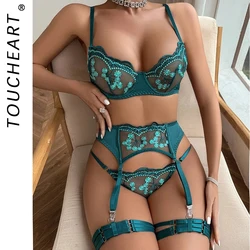 Toucheart 4-Piece Set Embroidered Patchwork Sexy Body-Shaping Lingerie For Women Hard Garter Belt Lace Bra Ladies Sexy Underwear