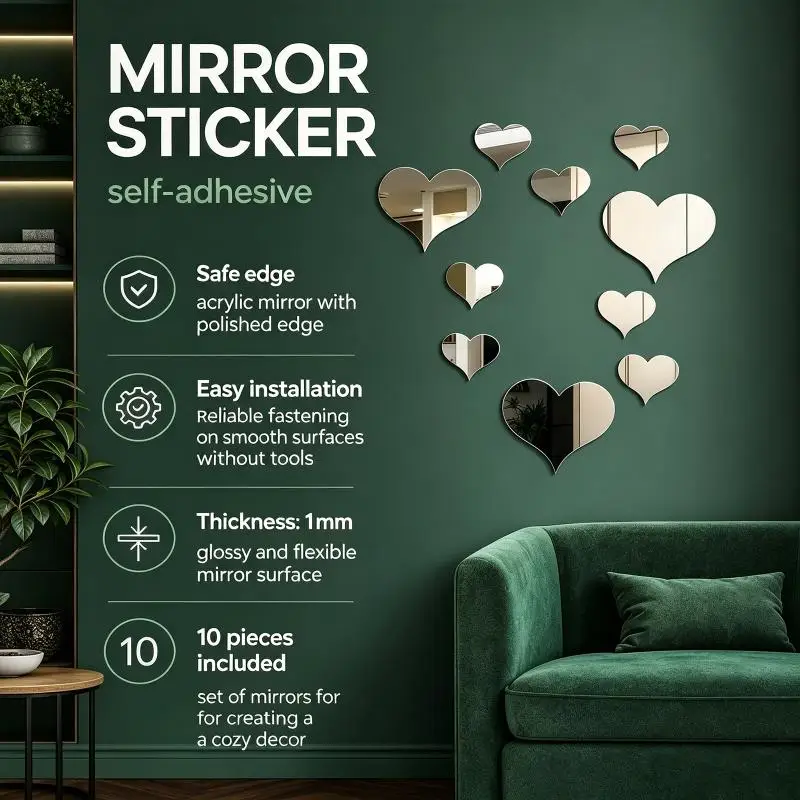 10Pcs 3D Love Heart Mirror Wall Sticker Removable Wedding Kids Room Toilet Table Decoration Decal