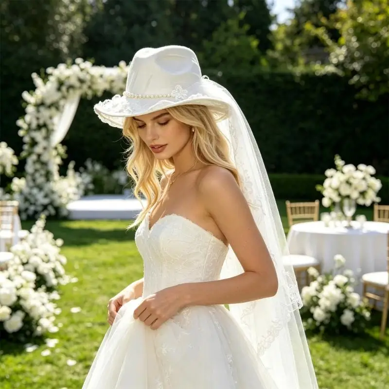 White Wool Cowboy Cap With Attached Veil Artificial Pearls Wide Brims Bowler Hat 