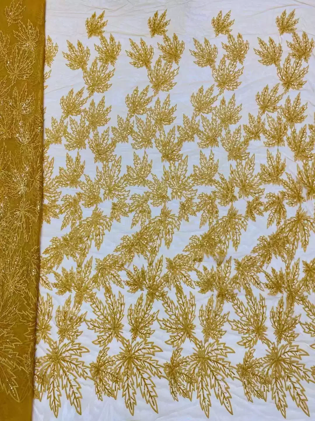 5yard soft lace Fabric Sequin nail bead maple leaf embroidery tela,Wedding gown and evening gown fabric for sewing