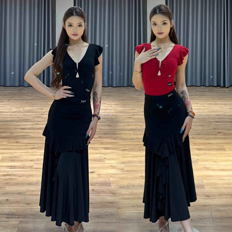 

Women'S Ballroom Dance Competition Costume Adults Ruffled Latin Top Modern Dancing Skirt Female Latin Dance Clothes SL12704