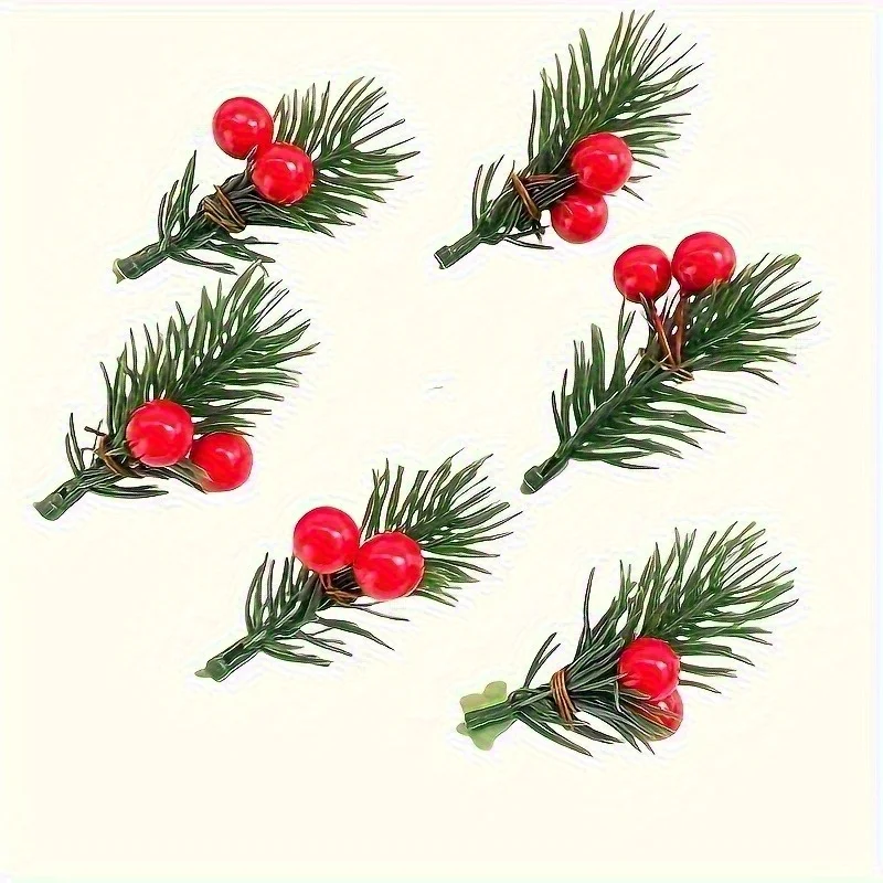 20 pieces of artificial Christmas pine branches with realistic red berries, plastic holiday flowers, DIY wreath accessories view 5