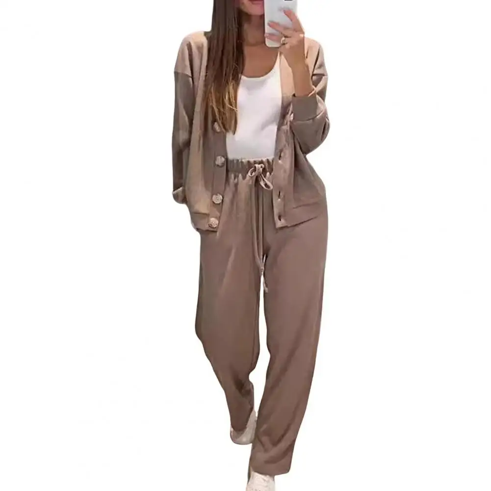 Women Casual Two-piece Set Women\'s V Neck Knitted Shirt Wide Leg Trousers Set Long Sleeves Loose Top with Drawstring for Casual