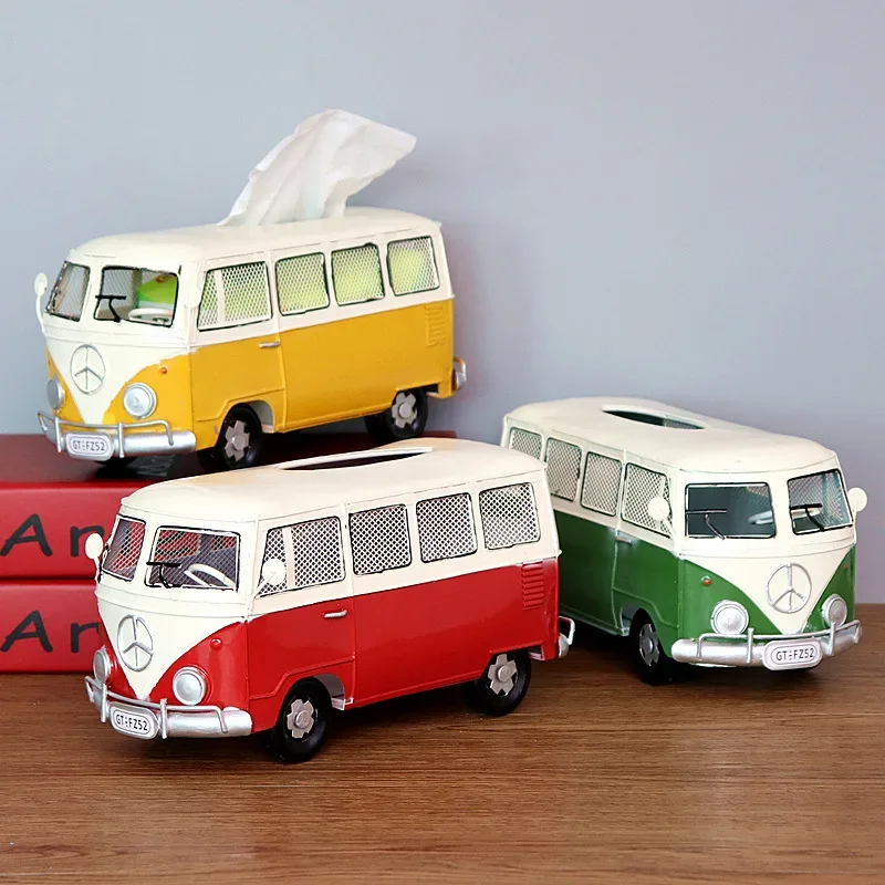 Bus Model Figurines Retro Car Tissue Holder Dustproof Napkin Storage Box Paper Case Ornament for Office Home