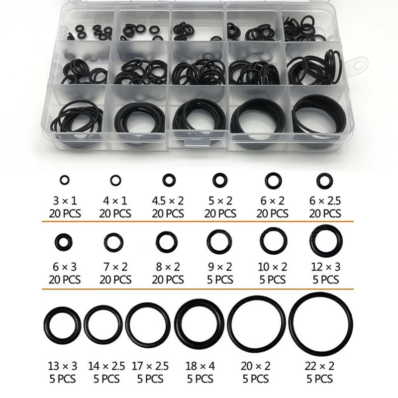 225pc Assorted O RING SET Black Rubber Seals Sink Tap Washers Plumbing Air Gas