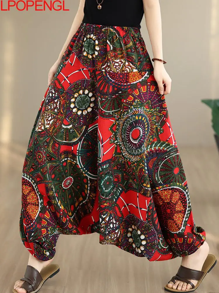 Ethnic Style Fashion Oversized Loose Comfortable Lantern Casual Elastic Waist Woman Multi-color Patchwork Ankle-length Pants
