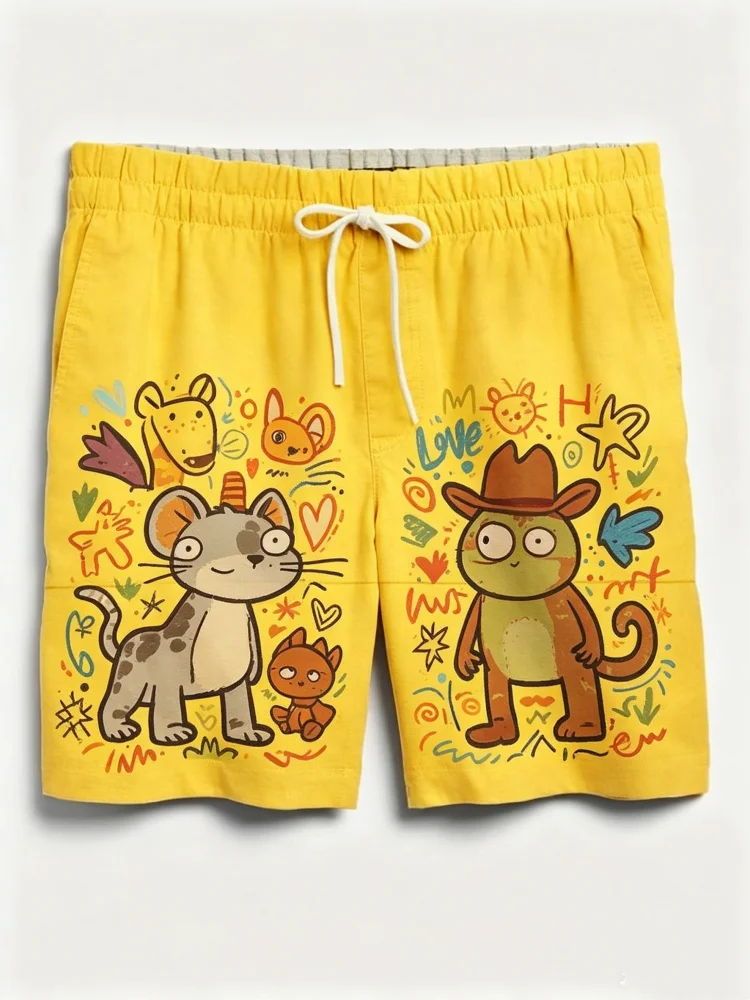 

Men Cute Cartoon Animal Print Drawstring Elastic Waist Yellow Casual Beach Summer Shorts