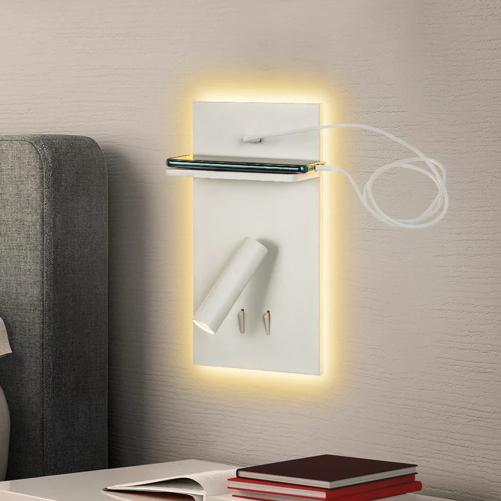 9W LED Bedside Reading Light Fixture Adjustable Spotlight Wall Lamp Dual Switch USB/Wireless Charging Port Warm White 3000K