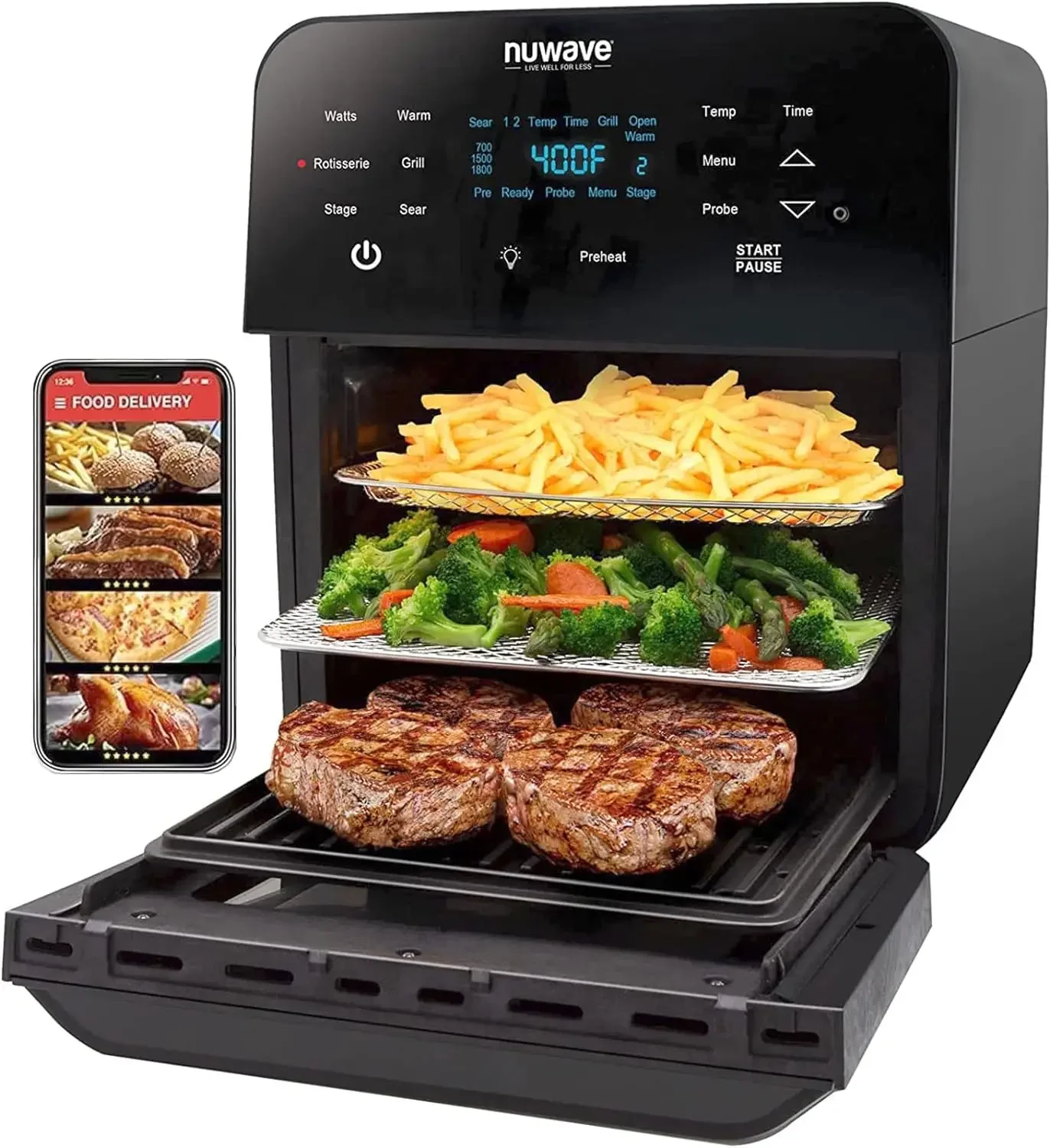 Nuwave Brio Air Fryer Oven, 15.5Qt X-Large Family Size, SS Rotisserie Basket &Skewer-Kit, Powerful 1800W