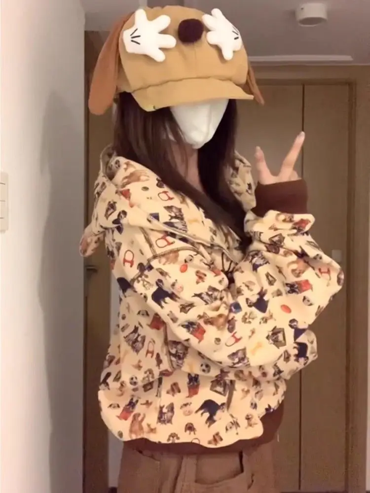 

American Vintage Outwear Zipper Animal Pattern Long Sleeve Pure Color Fashion Pocket Kawaill Slim Fold Hooded Woamn 2025 Autumn