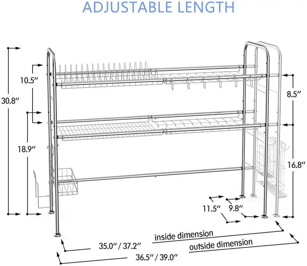 New double slot double-layer bowl rack, adjustable floor for storing tableware, hook clamp and chopsticks