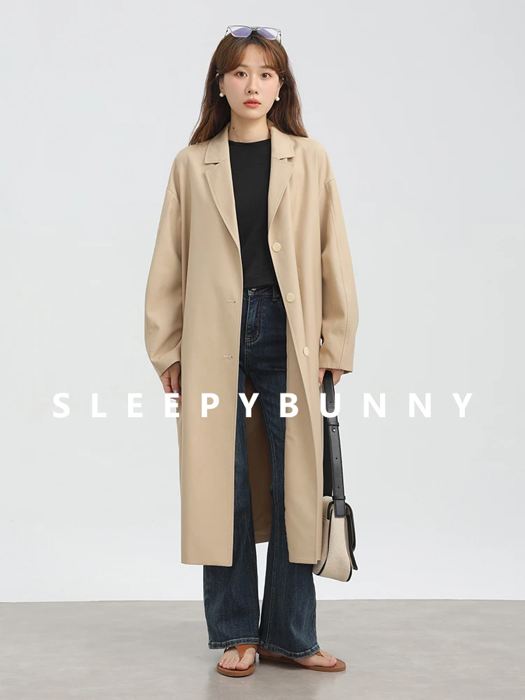 

Loose Long Trench Coat Women Blazer Collar Casual Drop Shoulder Overcoat Autumn British Style Minimalist Outerwear Office Daily
