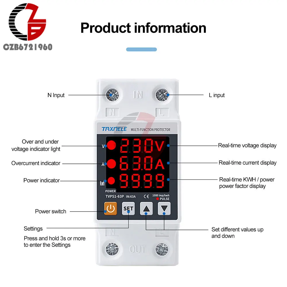 63A 230V 3 w 1 wyświetlacz Din szyna regulowana pod napięciem przekaźnik ochronny przeciwprzepięciowy nad prądem chroni watomierz mocy Kwh