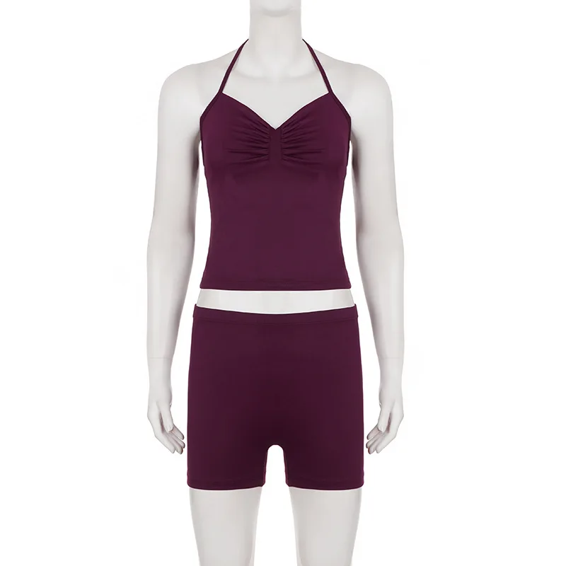 Sporty Fitness Breathable Elastic Yoga Set Hanging Neck Strap Top +Shorts Solid Color Basic Casual Two Piece Set for Women