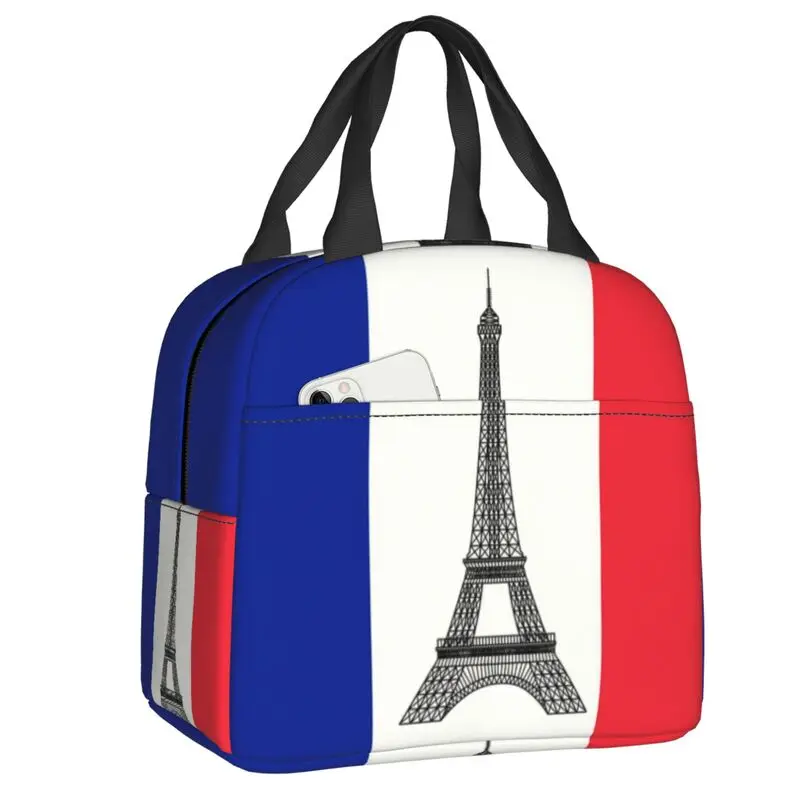 Custom Flag Of France Lunch Bag Men Women French La Tour Eiffel Cooler Warm Insulated Lunch Box for Kids School Children