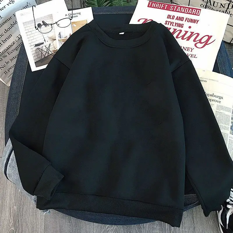 Autumn Winter Y2k Clothes Fleece-line Tops O Neck Sweatshirt Men And Women Long Sleeve Black Pullover Campus Style Loose Couple