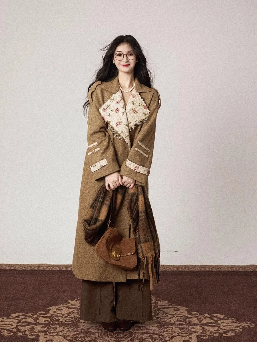 

Lautaro Spring Autumn Long Wool Tweed Patchwork Trench Coat for Women Retro Chic Elegant Luxury Designer Emo Clothes Overcoat