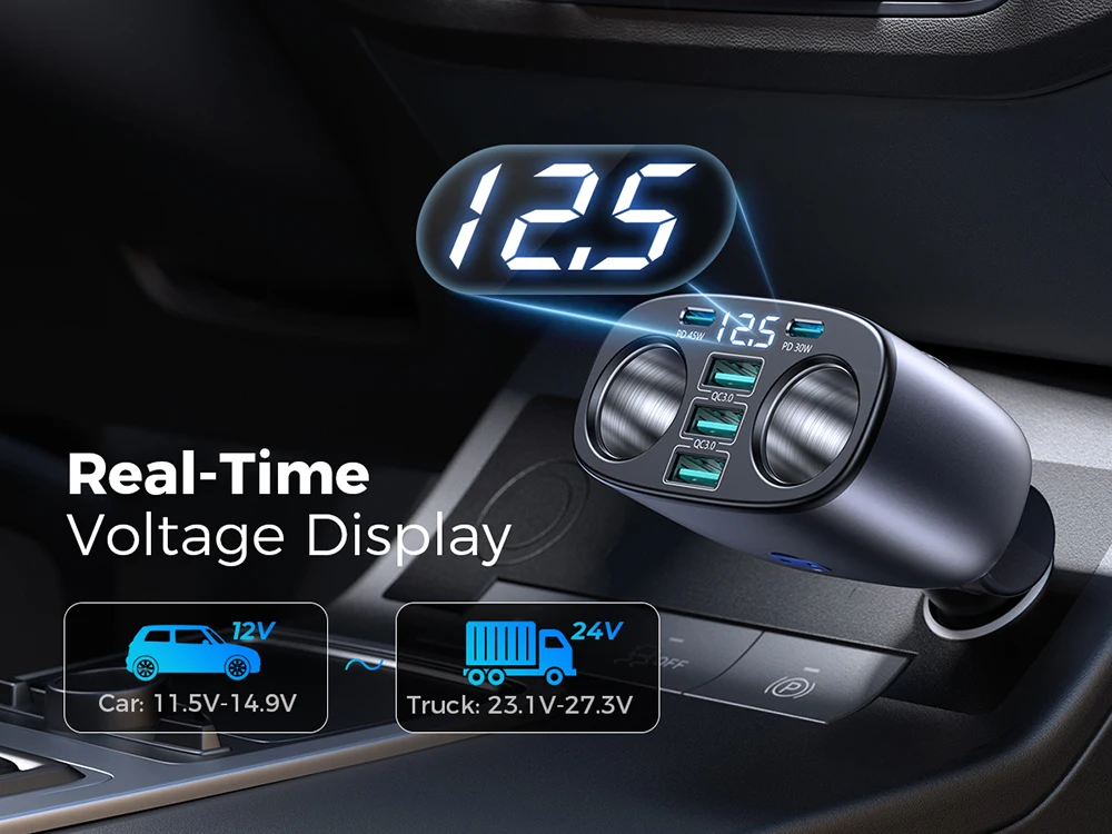 JOYROOM 225W Autoladegerät mit unabhängiger USB-C PD 45W-Technologie, QC3.0, Multifunktions-Ladestation für mehrere Geräte, LED-Anzeige, Autozubehör. – Detail 4