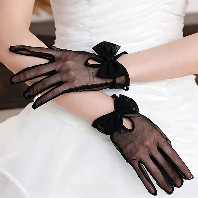Transparent Sexy Bowknot Short Gauze Gloves Mesh Sheer Bride Wedding Evening Party Dress Decorative Gloves