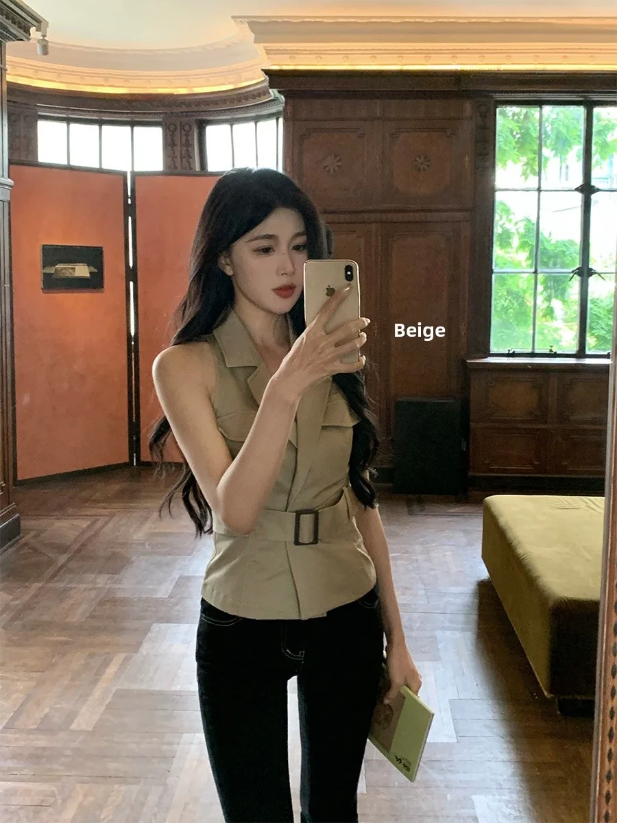 

He Chenxi Khaki ort Svel Vest Women's Summer Vintage Spicy Girl Design Slim Fit Belted Turn-down Collar Top
