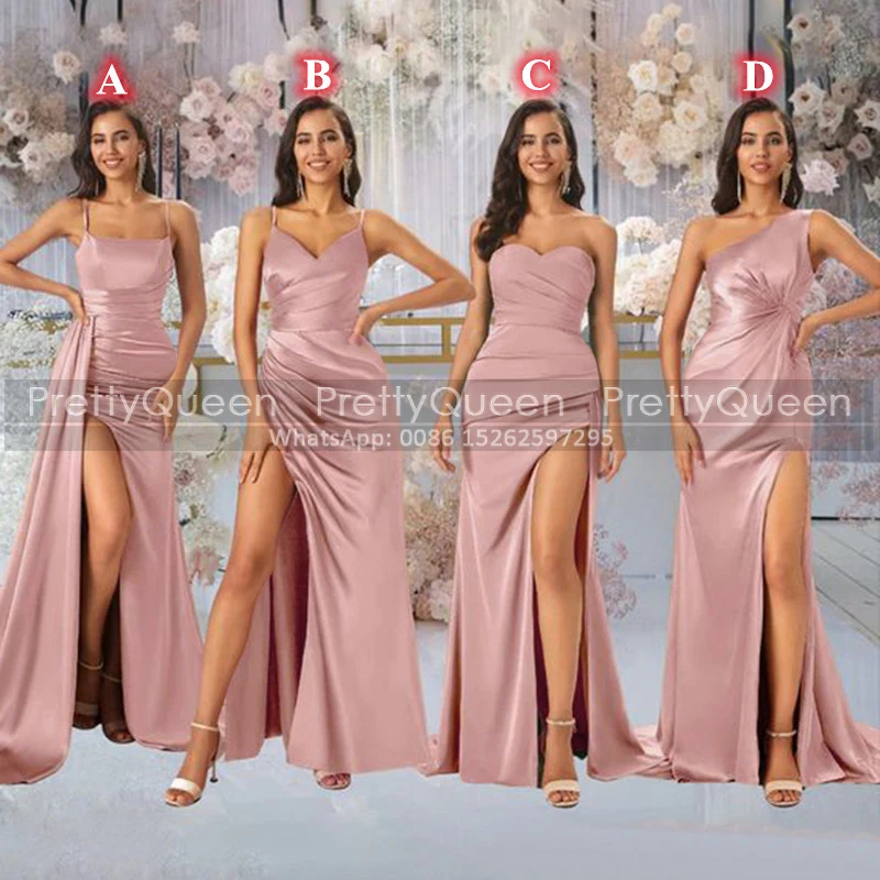 Vestidos de dama de Honor de oro rosa, sirena plisada, abertura alta, largo, personalizado, tirantes finos, vestido de fiesta de boda de dama de Honor