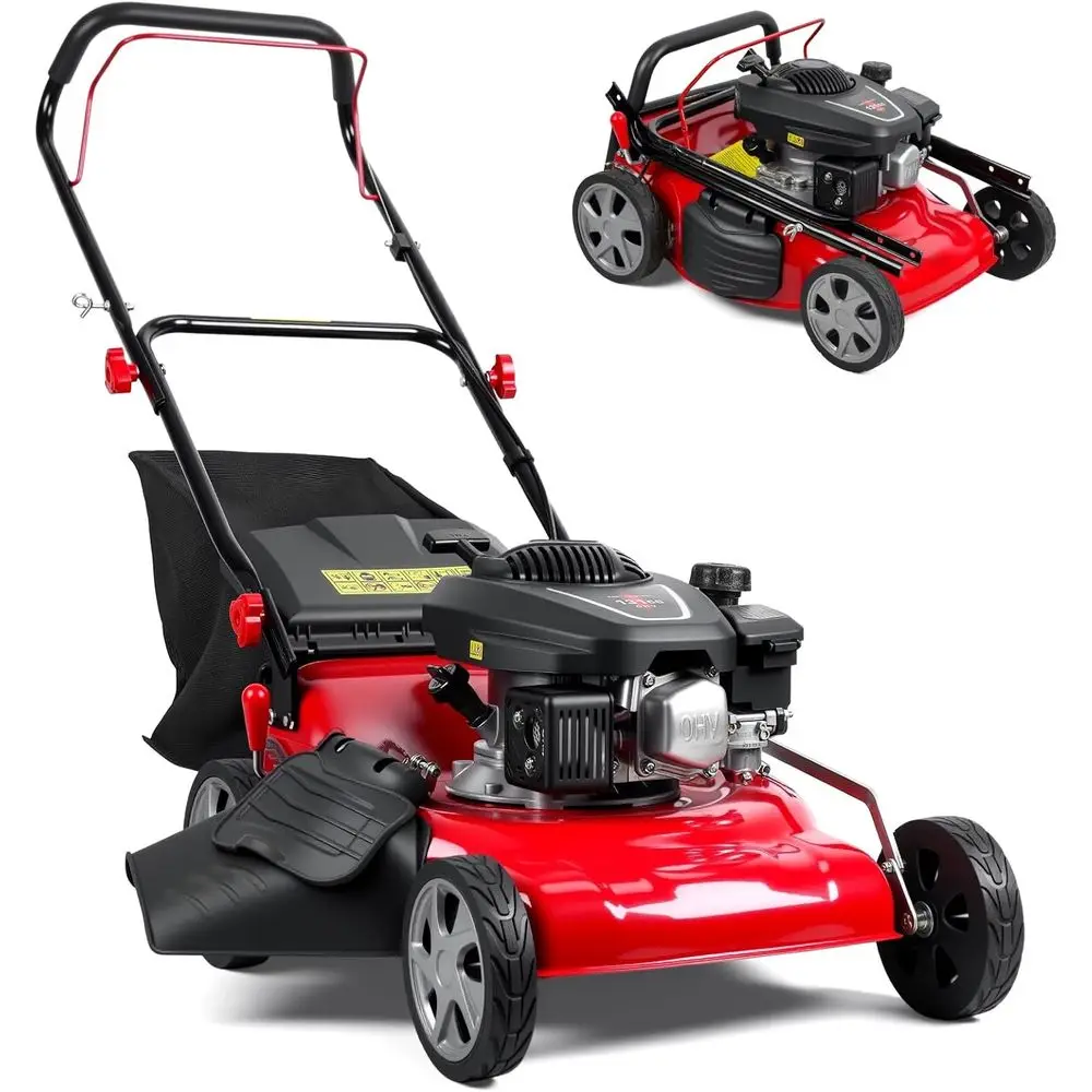 

3-in-1 Self-Propelled Gas Lawn Mower, 131cc Air-Cooled Engine, 50L Grass Bag, Foldable, Red with Large Wheels & Easy Start