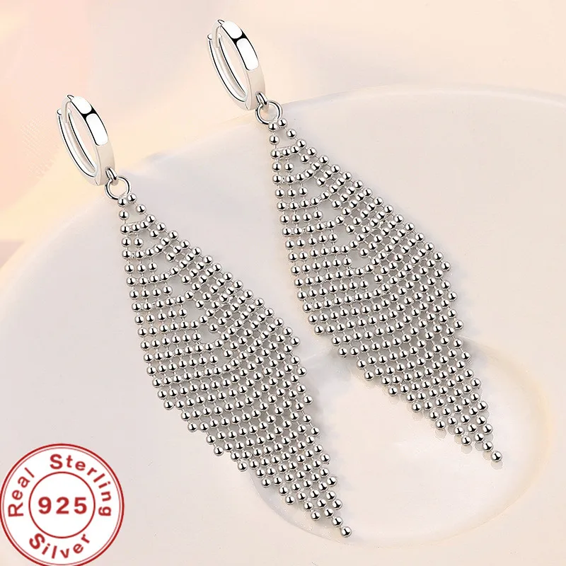 

2025 New 925 Sterling Silver Long Earrings Tassel Beads Long Earrings For Women'S Wedding Fashion Jewelry Gifts