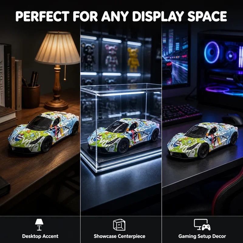 1/36Art Graffiti Streamlined Supercar Diecast Model, Alloy Static Collectible Ornament with Large Rear Wing
