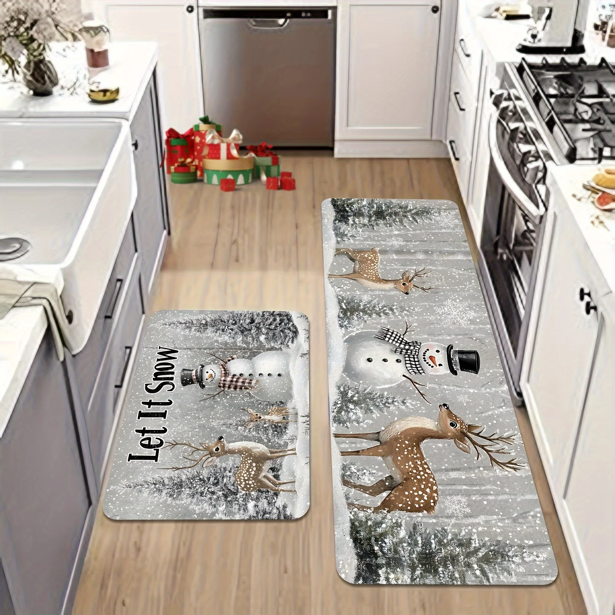 VIKAMA Winter Christmas Kitchen Rug Set Anti Slip Washable Mat Snowman Deer Forest Snowflake Let It Snow Floor Runner view 2