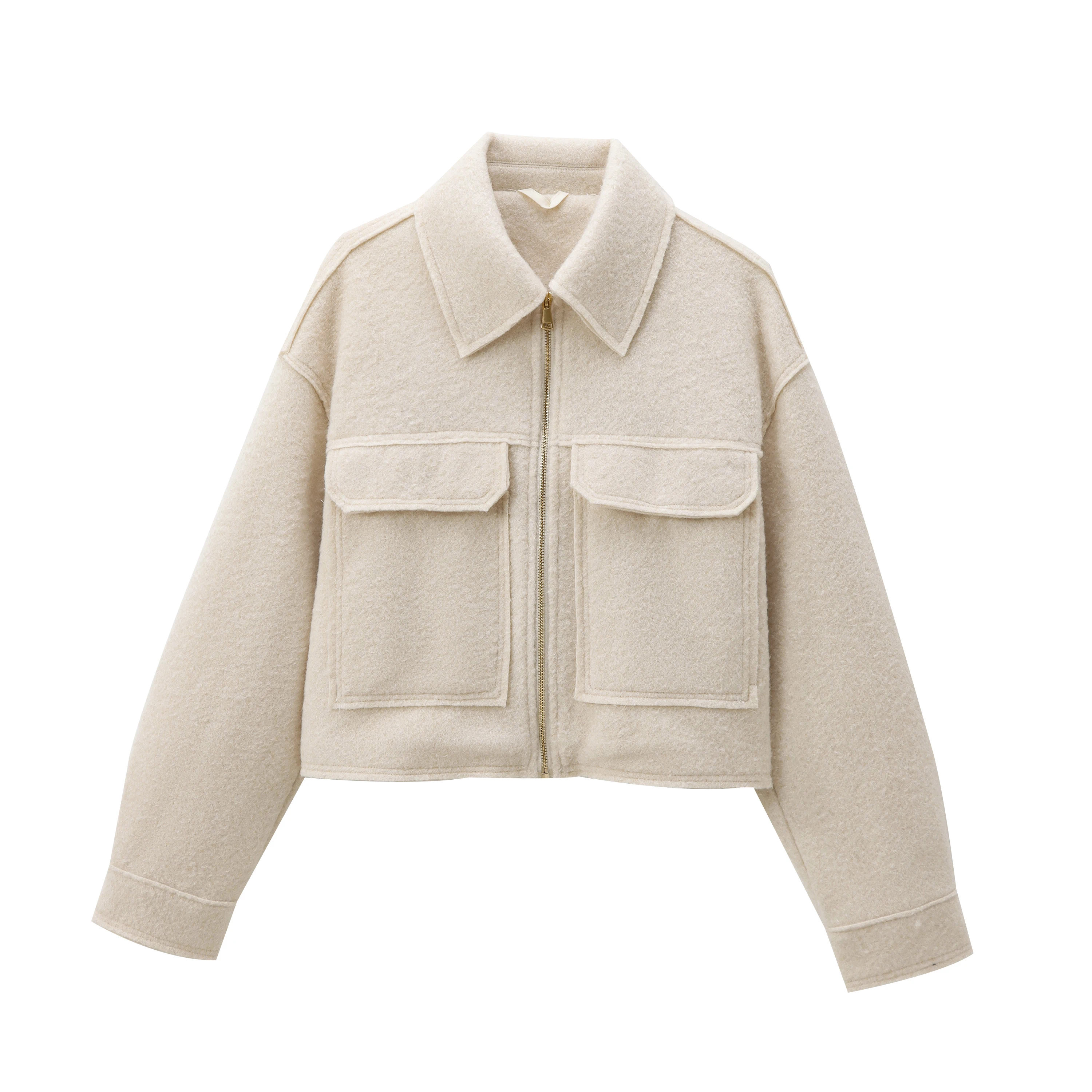 เสื้อแจ็คเก็ตสั้นแฟชั่น BSAY ปกมุก หนัง แขนยาว เสื้อผ้าผู้หญิง สินค้าใหม่ฤดูใบไม้ร่วง 2025 ผ้าทอหยาบ