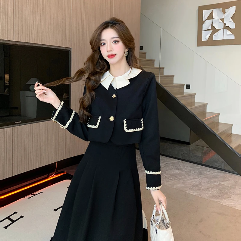 Autumn French Sweet OL Two Piece Set Women Temperament Contrast Color Small Fragrance Blazer Coat Crop Top + Mid Skirt Suits