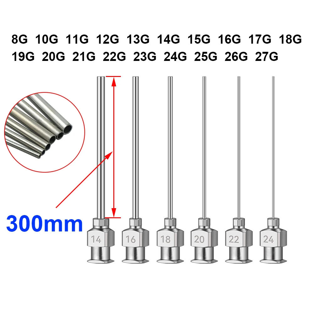 Aiguille de distribution industrielle SUS304, pointe émoussée de 300mm de Long, Luer Lock, 8G ~ 26G, idéale pour laboratoire scientifique, artisanat de loisirs, 12 pièces