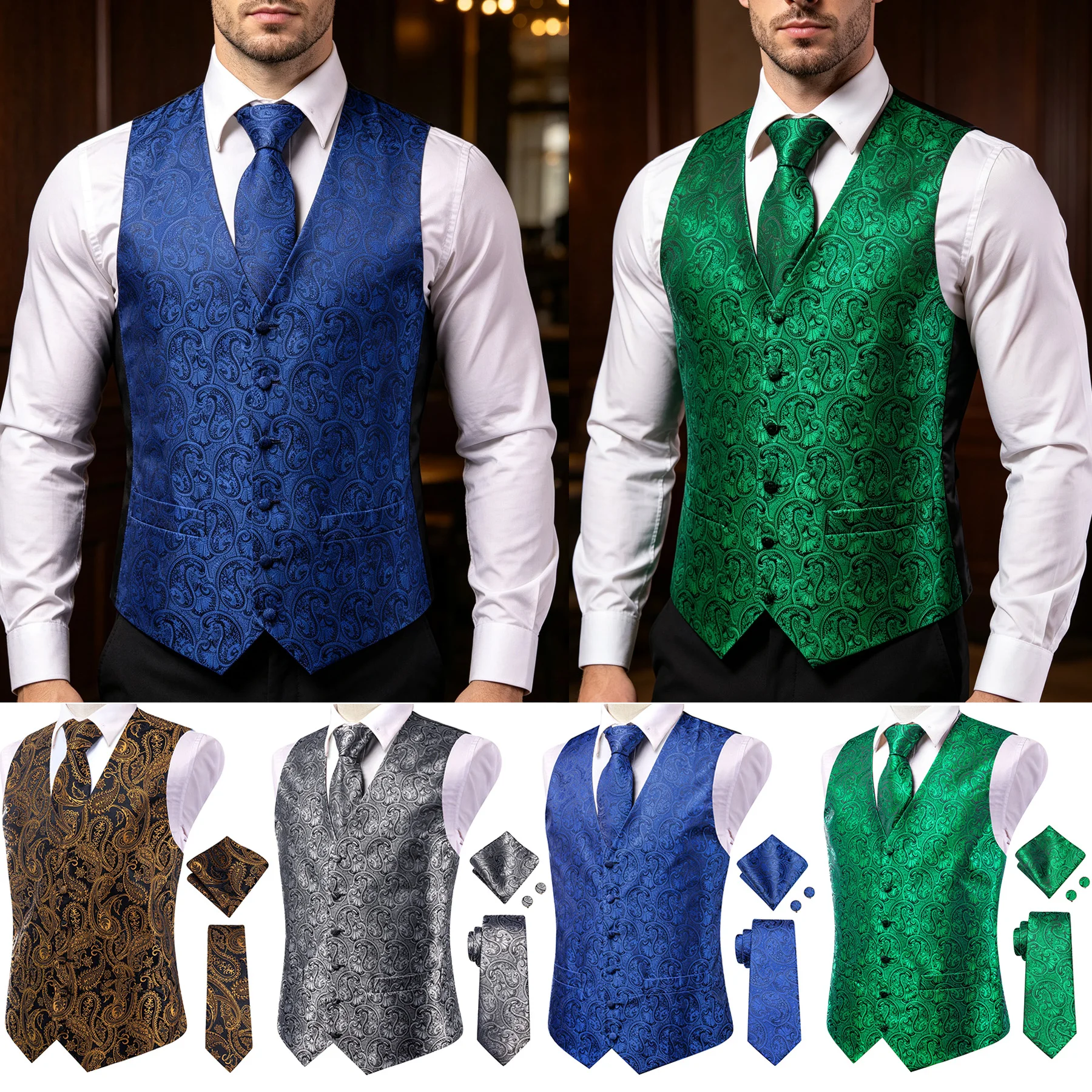 Men's Green Blue and Gray Paisley Jacquard Suit Vest Handkerchief Cufflinks 4-Piece Wedding Ceremony Apparel