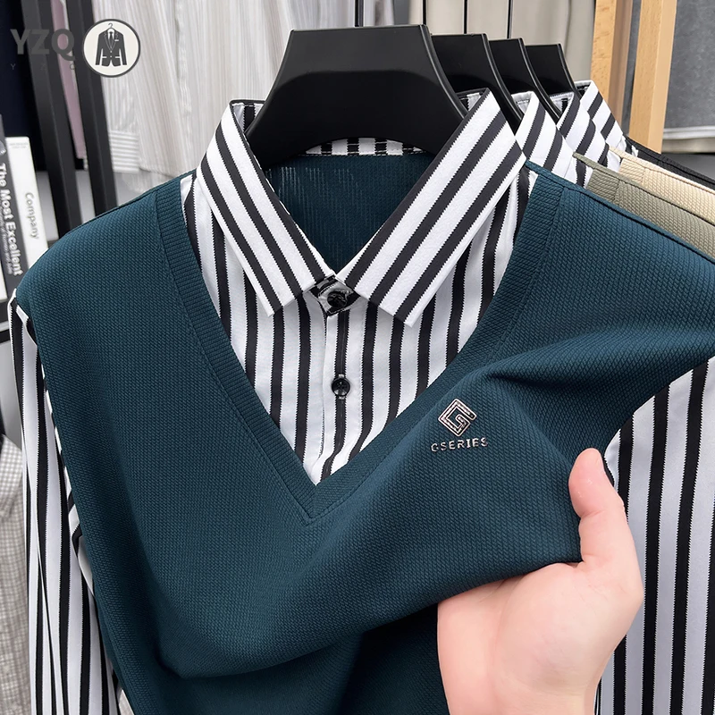 Mens Basic Fake Two Piece Striped Shirt Sweater Vest Long Sleeve Business Casual Top