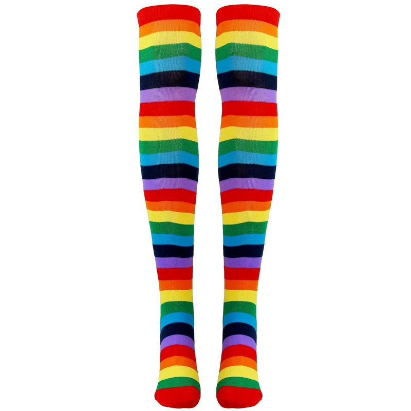 Colorful Rainbow Striped Socks Over The Knee Clown Striped Costume High Stockings For Halloween Cosplay Circus Parties