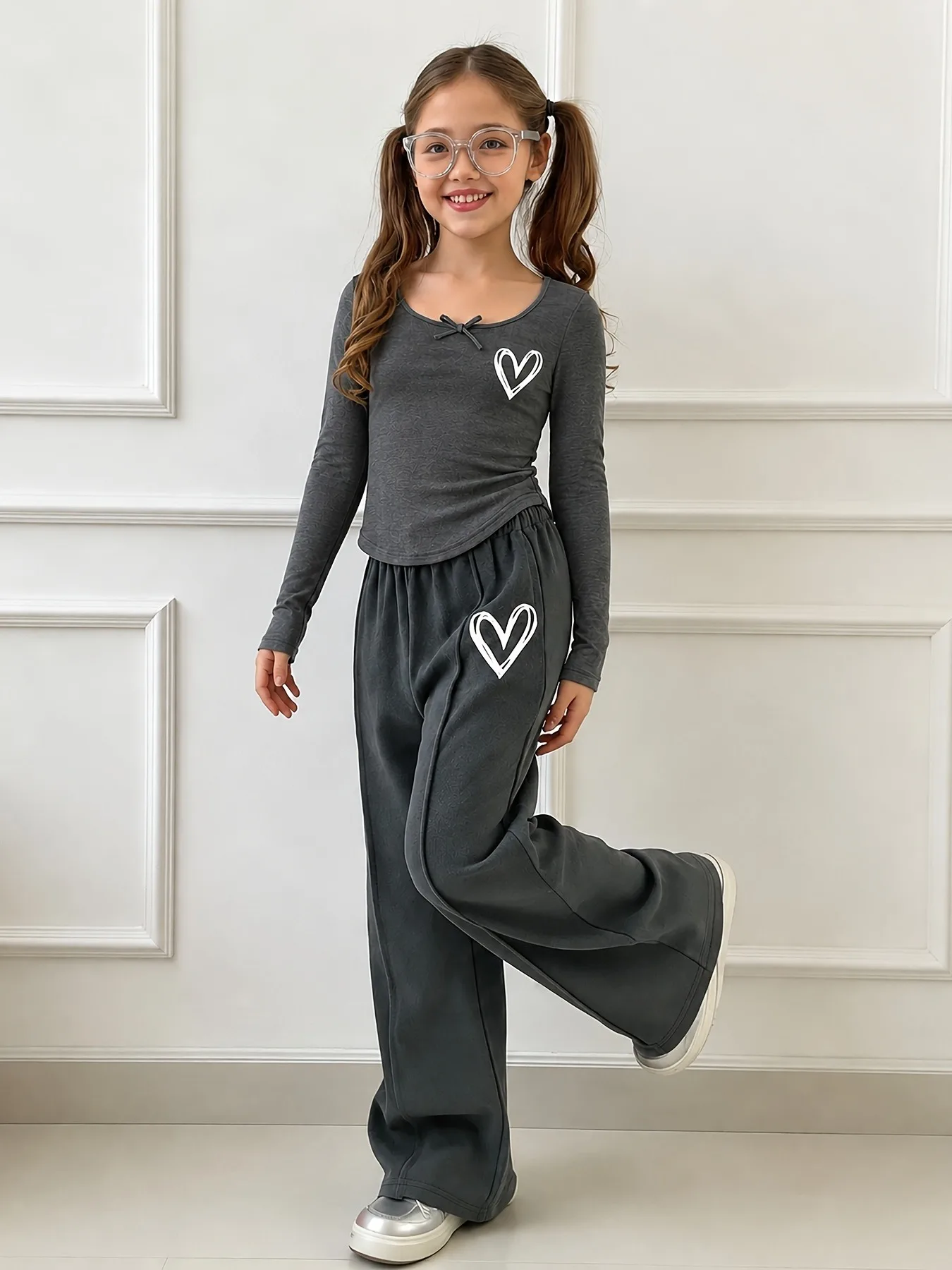 Girls 2Pcs Heart Print Bow Decor Long Sleeve Top Elastic Waist Wide Leg Pants Set Soft Casual Daily 2-Piece Outfit