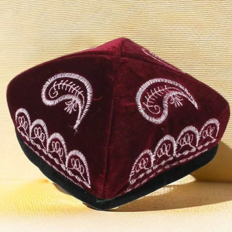 Four-cornered Ethnic Caps for Men Embroidery Red Blue Kufi Hats Performance Band Dancing Party Headwear Pecan Pattern Hat