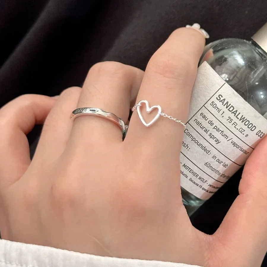 PANJBJ Love Heart Chain Ring For Women Classic Geometric Index Finger Ring Daily Party Jewelry Accessories Dropshipping