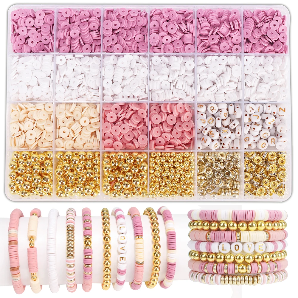 Boho Clay Beads Bracelet Kit Friendship Bracelet Making for Women Golden Beads Pink White Clay Beads Kit for DIY JewelryMaking