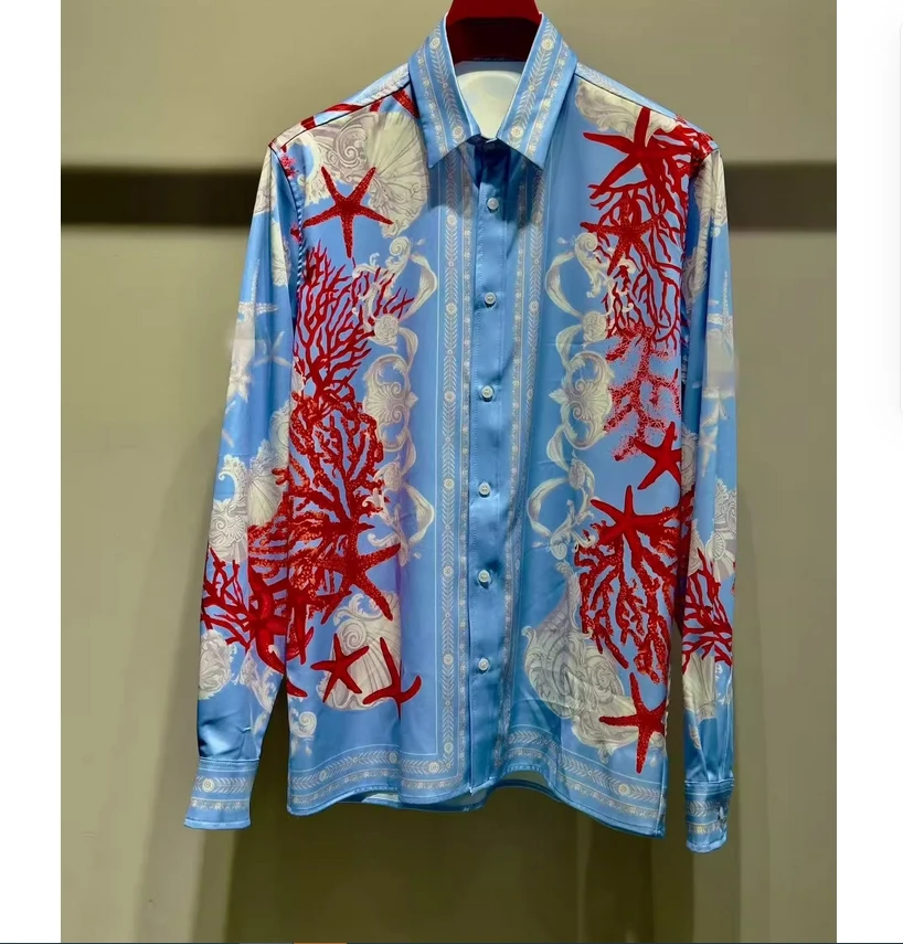 Long-sleeved slippery material patterned shirt men's European style slim-fitting couple's style silk printed long-sleeved shirt