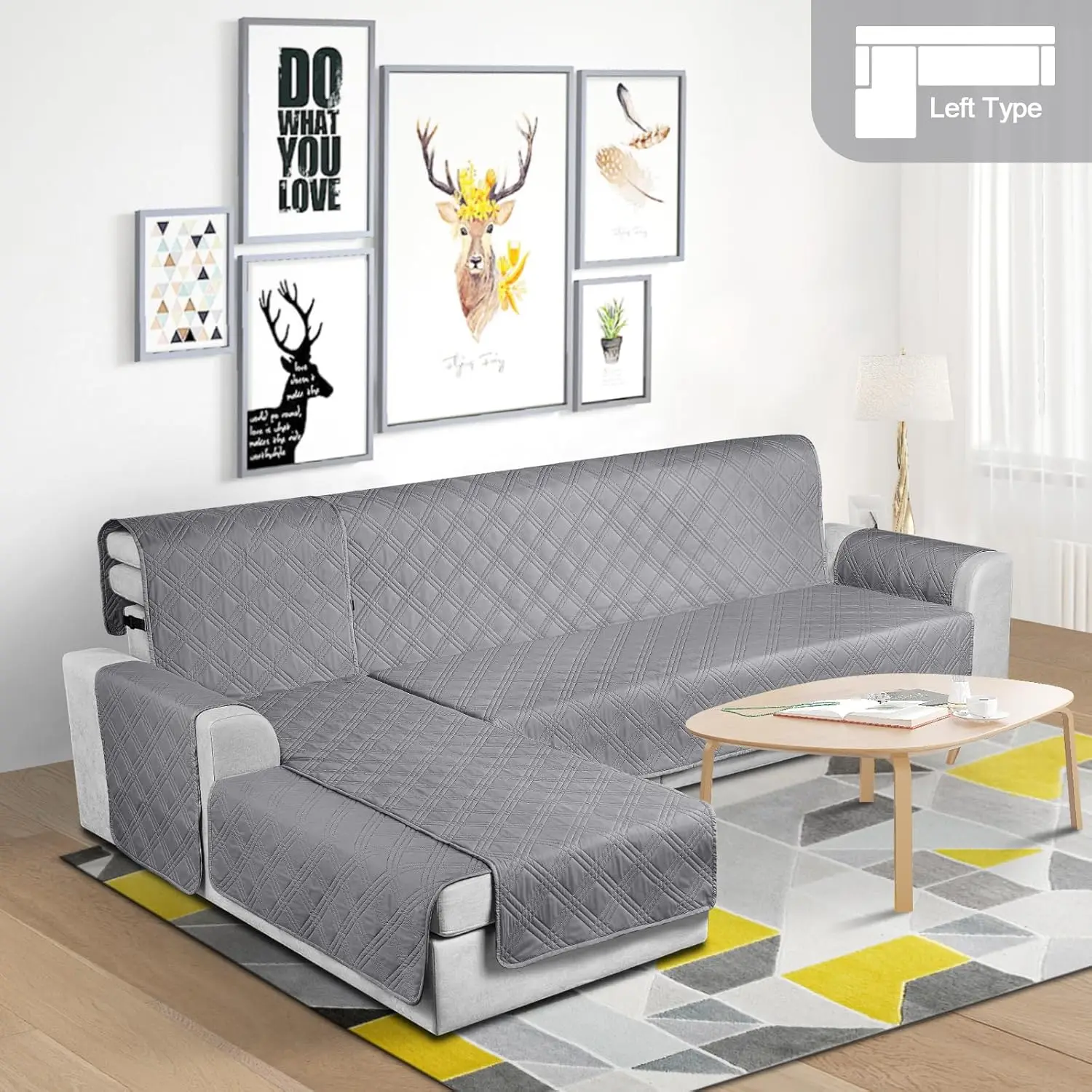 Waterproof L-Shaped Sectional Sofa Cover, Reversible with Elastic Straps, X-Large Gray for Pet and Kid Protection