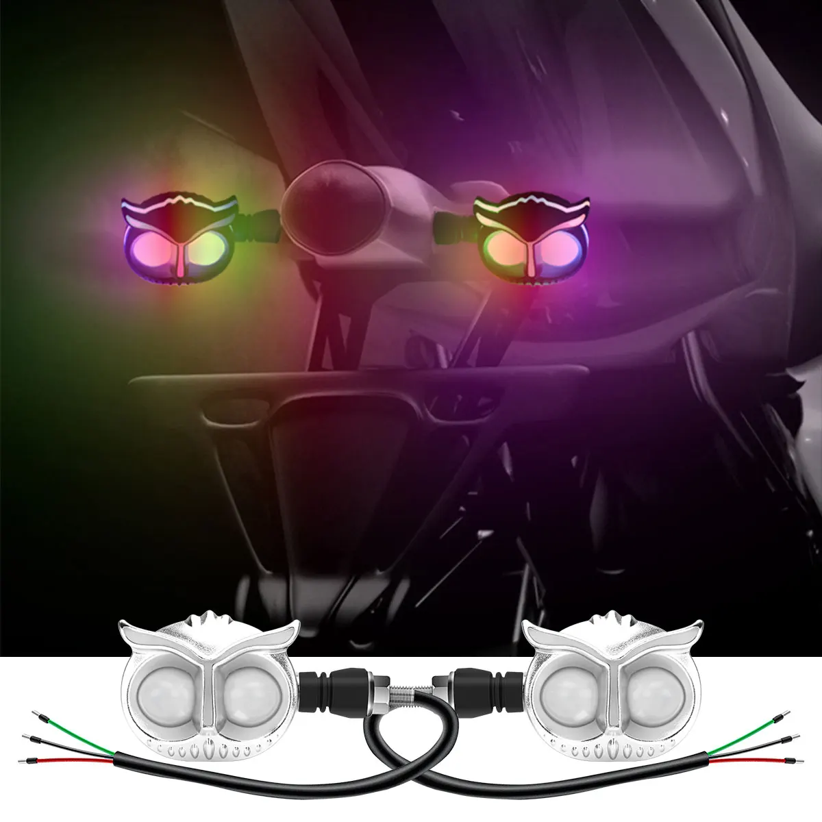 

1Pair Motorcycle Turn Signal Light Owl Style RGB Yellow LED Indicator Dynamic Flashing Running Light 12V for Motorbike Accessori