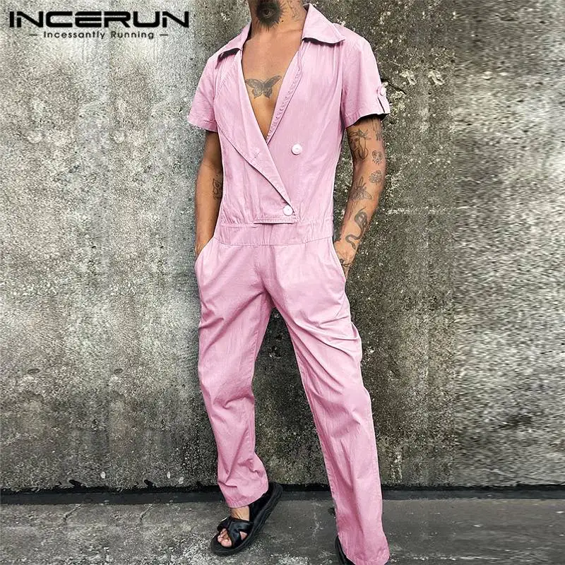 INCERUN Men\'s Jumpsuits Striped Lapel Short Sleeve Double Breasted Casual Rompers Streetwear 2024 Summer Fashion Male Overalls