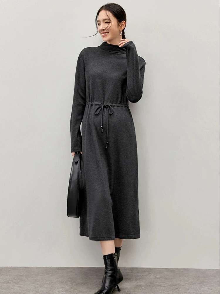 

SENTUBILA Warm Black Knitted Sweater Dresses 2024 Women New in Drawstring Waist Long Sleeve Midi Winter Dress Woman 144L57217