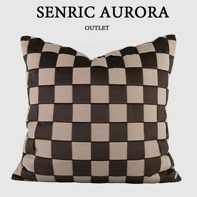 Luxury Cushion Cover 50x50cm Beige Coffee Suede Checkerboard Woven Square Pillow Case For Home Hotel Bed Living Room Sofa