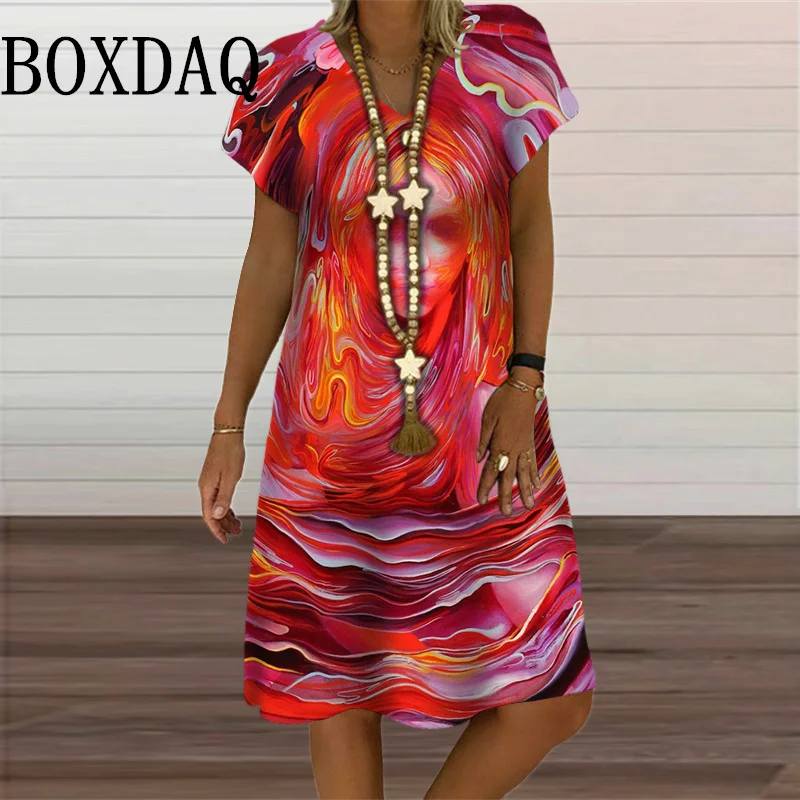 Street Art Painting Abstract Print Dresses Casual Fashion 2024 Women Clothing New Oversized Short Sleeve Loose V-Neck Midi Dress