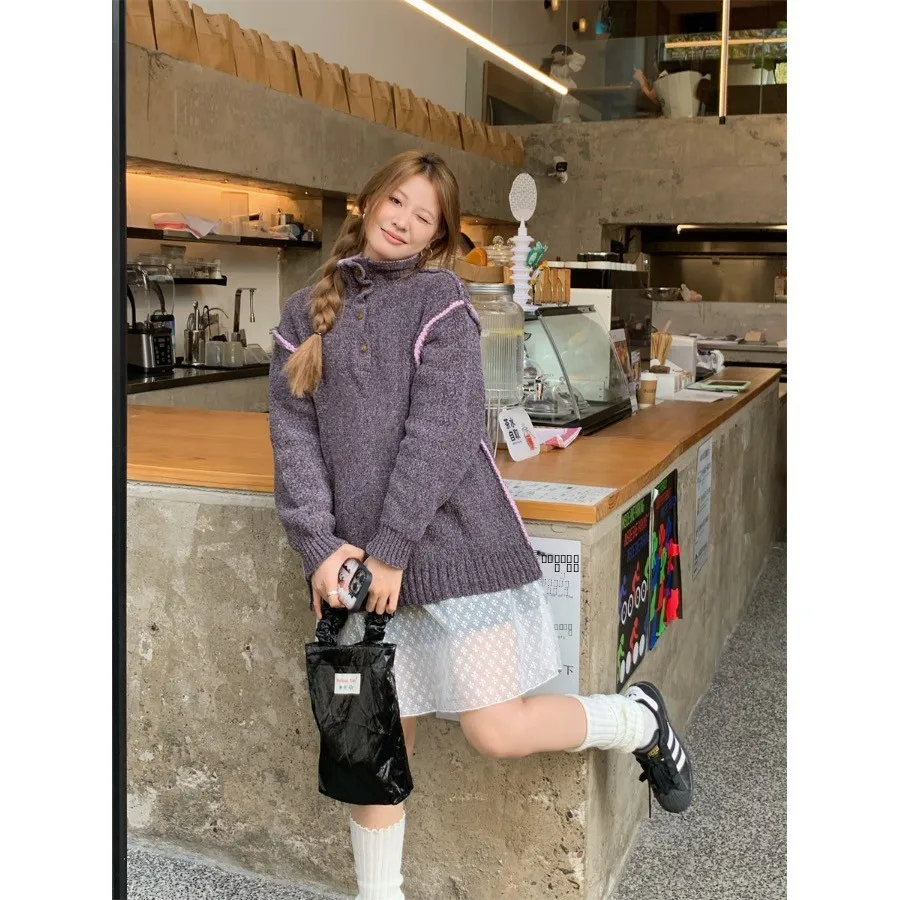 秋冬 Thiened ニットルーズセーター女性のファイオンレトロ襟ロング Sve タートルネックベストトップポリエステル繊維