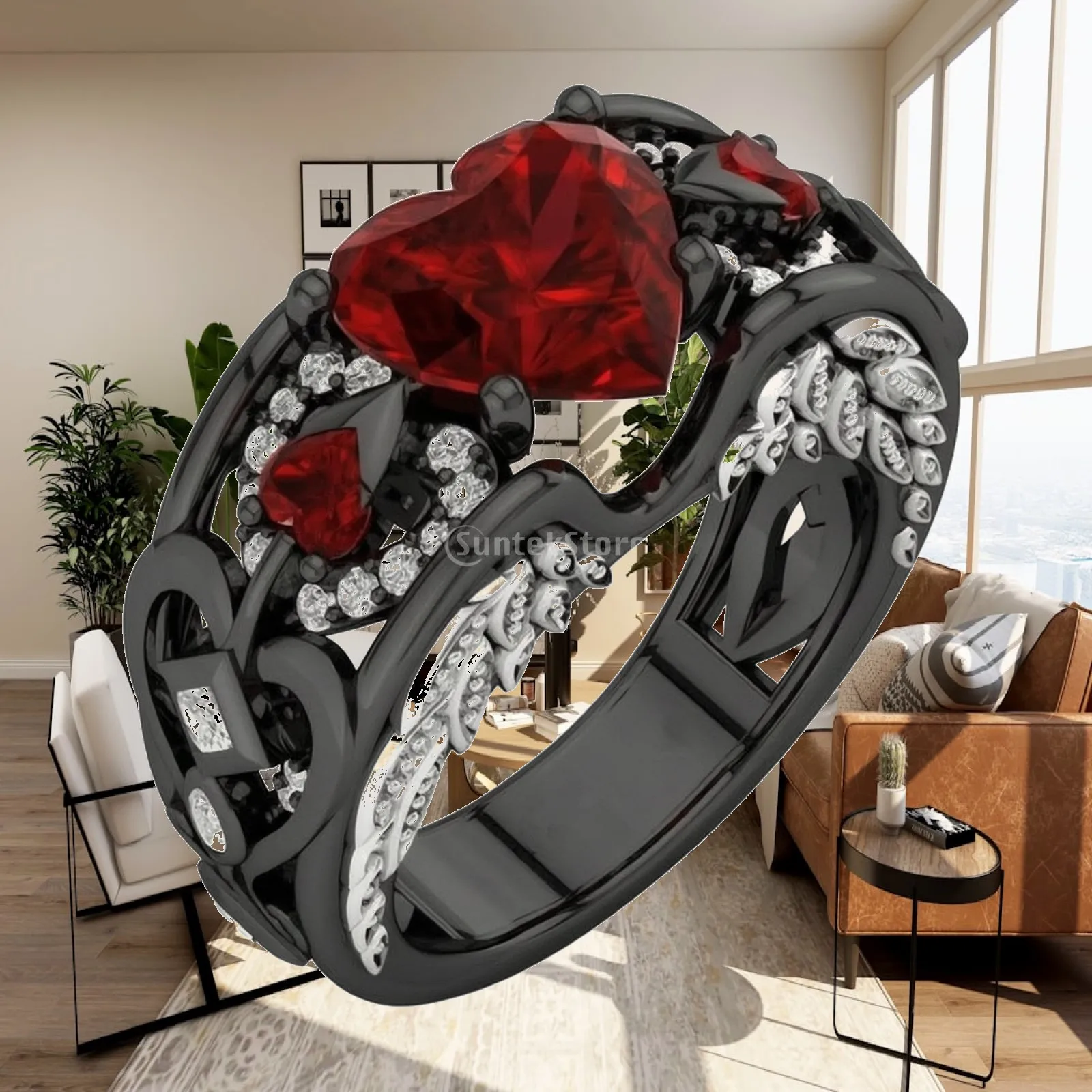 Sparkling Crystal Heart Ring for Women Vintage Style Ornate Openwork Band Leaf Relief Detail Dressy Jewelry Accessory