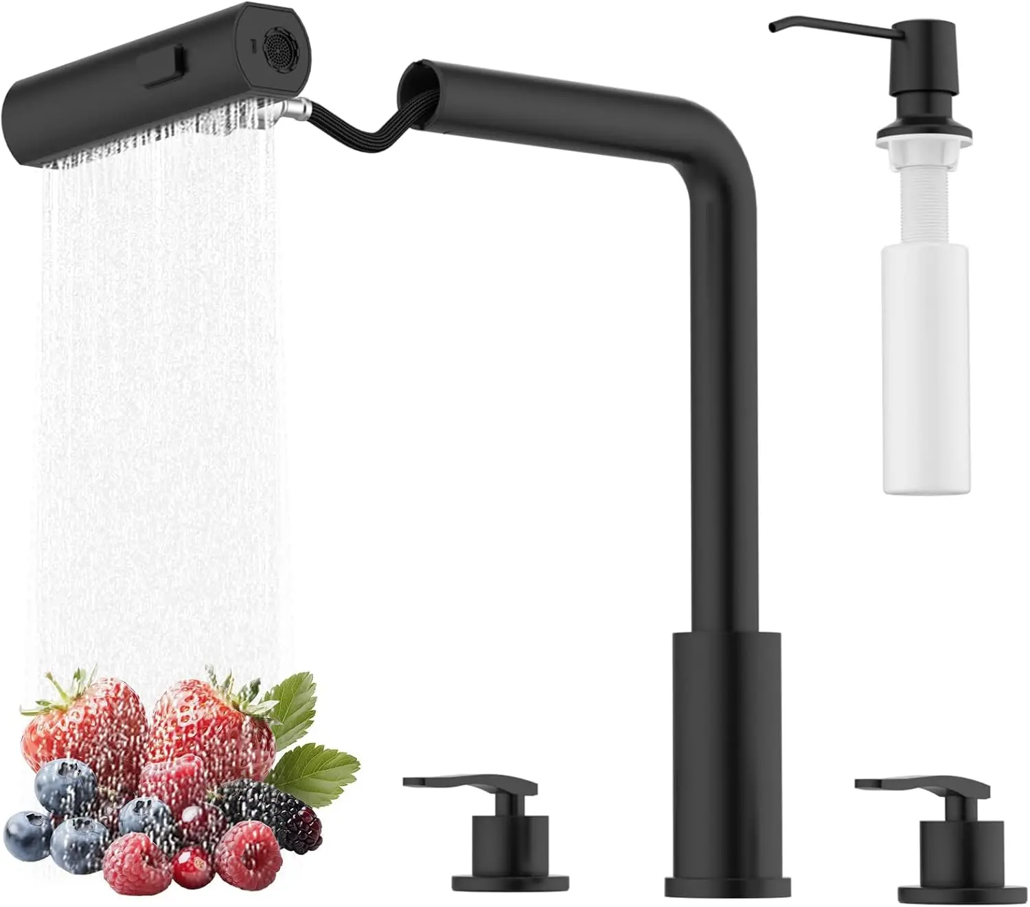 

Stainless Steel Pull Down Kitchen Faucet with Soap Dispenser, Waterfall Sprayer, Two-Handle 3 Modes